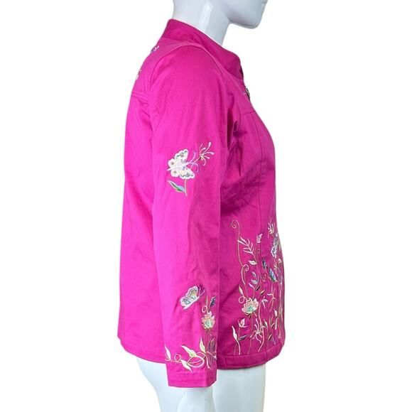 Quacker Factory Jacket Floral Butterfly Embroidered Full Zip Hot Pink Size Large - Picture 5 of 10